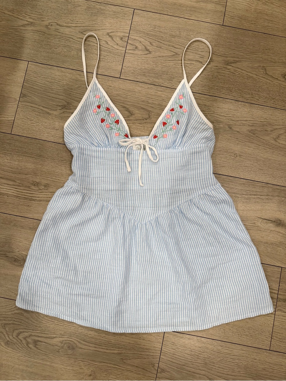 Wild Fable blue/white striped babydoll dress with strawberry embroidery Size S